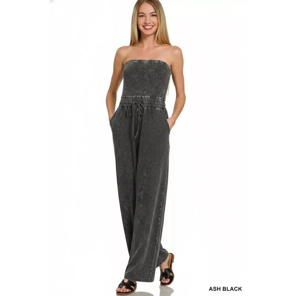 Zenana Acid Washed Strapless Tube Top Jumpsuit - Picture 2 of 3